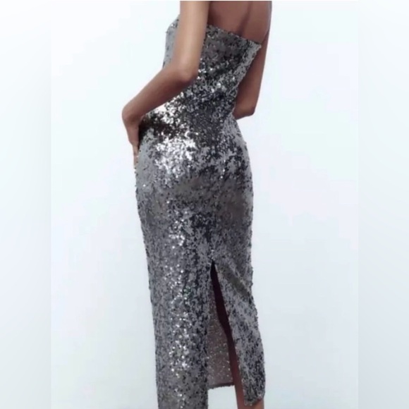 Zara Silver Sequin Strapless Long Dress with Slit - Picture 3 of 7